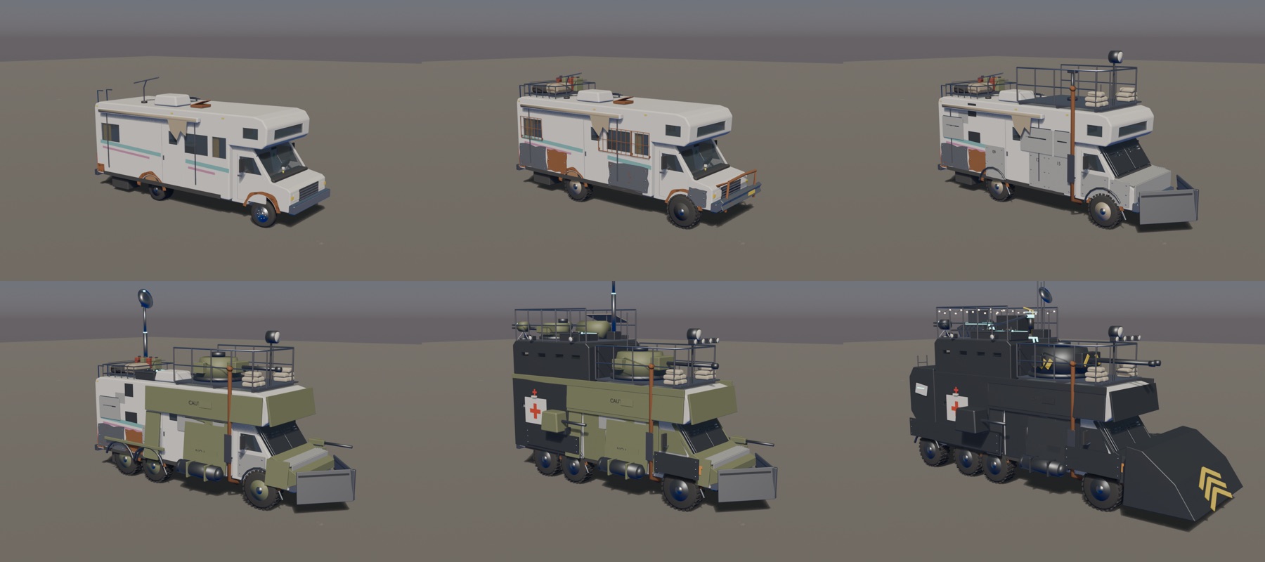 Six versions of the same recreational vehicle, progressing from a plain civilian camper to a heavily armoured six-wheeled fortress.