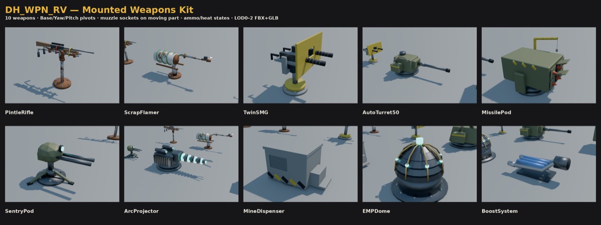 Weapon kit. Modular parts built to share a texture set.